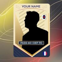 Customizable sports card template featuring a silhouette of a player with editable name and stats vector