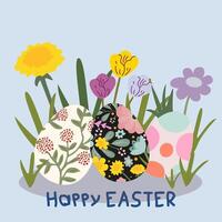 Set of Easter eggs with different textures. Spring holiday. Easter eggs and flowers. Easter day design elements for seasonal holiday vector