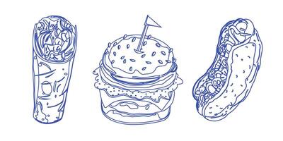 set of linear doodles food icons. Outline, linear, thin line art, hand drawn sketch. Fast food line art. Illustrations of food for coloring by numbers vector