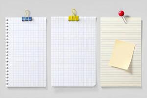 Set of blank white and lined paper sheets with binder clips, push pins, and sticky notes, perfect for office, school, or design use photo