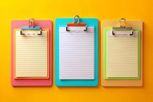 Minimalistic flat lay of colorful clipboards and notepads, combining style and function for organization and productivity photo