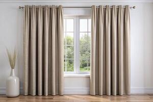 Elegant beige insulated curtains hanging in front of a bright window with green garden view, creating a cozy and energy efficient atmosphere photo