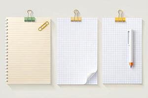 Collection of paper sheets in various styles with grid and lined patterns, featuring clips, pins, and sticky notes on neutral backgrounds photo
