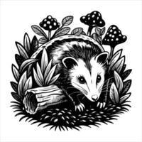 Opossum peeking out of a hollow log surrounded vector