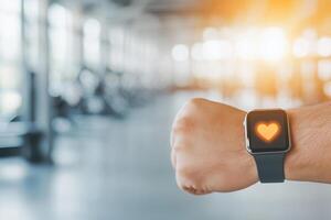 Heart monitor smartwatch displaying heart icon in a modern gym setting. Valentine's Day photo