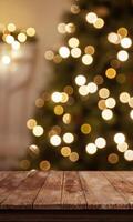 Rustic wooden table with a bokeh background of Christmas tree lights, front view, perfect for promoting holiday sales, festive products, or seasonal campaigns photo