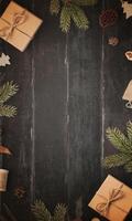 Rustic wooden table with fir branches and wrapped gifts, flat lay, top view, featuring an empty space for text, perfect for festive promotions. photo