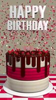 Chocolate frosted birthday cake with strawberries and lit candles with colorful confetti behind the cake against a gray background. 3D Animation video