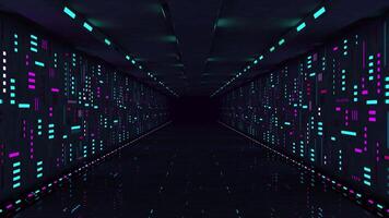 Modern black tunnel with cyan and magenta lights flickering on the walls and reflective floor. Loop sequence. 3D Animation video