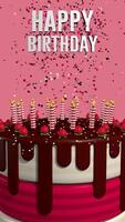 Close up of chocolate frosted birthday cake with many lit candles with colorful confetti behind the cake against pink background. 3D Animation video