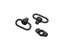 Two black metal quick-detach sling swivels and a mounting base, commonly used for attaching a sling to a firearm. photo