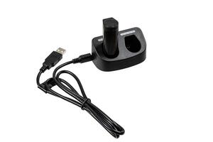 A black USB battery charger with a connected cable and a single battery inserted, isolated on a white background. photo