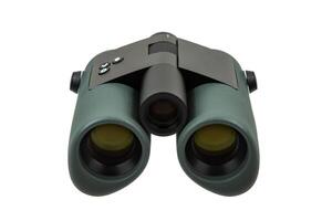 High-quality binoculars with green rubberized coating, black central focus wheel, and ergonomic design, isolated on a white back. Front view. photo