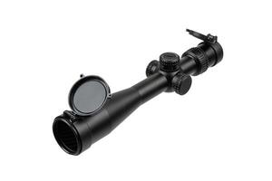 A black rifle scope with lens covers, adjustment knobs, and a honeycomb filter isolate on white back photo