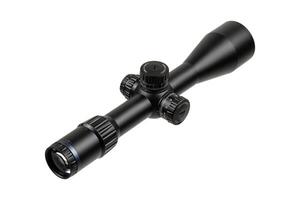 A high-quality black rifle scope with multiple adjustment knobs, precision optics, and a sleek design. Isolate on white photo