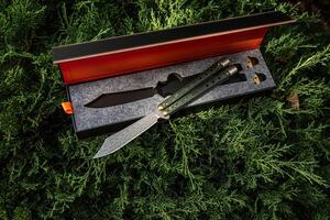 A beautifully crafted butterfly knife with a patterned blade and green handle, displayed in an elegant box with a foam insert. photo