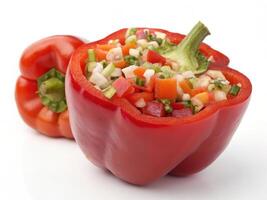 Fresh red bell pepper filled with colorful vegetables and herbs photo