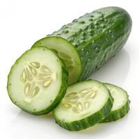 Fresh green cucumber sliced, showcasing its juicy texture and seeds photo