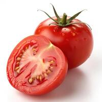 Fresh ripe red tomato with sliced half showcasing juicy seeds and texture photo