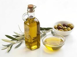 high resolution image of olive oil in bottle with olives photo