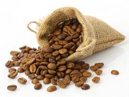Freshly roasted coffee beans spilling from burlap sack, creating rich aroma photo