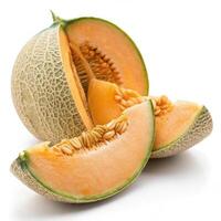 Fresh orange cantaloupe slices on white background, showcasing juicy texture photo