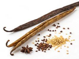 High resolution image of vanilla pods and various spices on white background photo