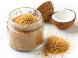glass jar filled with brown sugar and coconut shells nearby photo