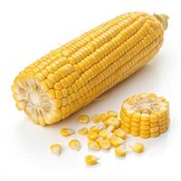 Fresh golden yellow corn on cob with kernels and cut pieces photo