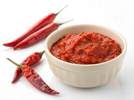Fresh red chili paste in bowl with whole red chilies nearby photo
