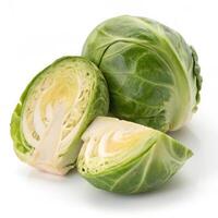 Fresh green Brussels sprouts, cut and whole, perfect for healthy meals photo