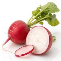 Fresh red radish with green leaves, sliced to reveal its crisp interior photo