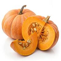 high resolution image of plump orange pumpkin, sliced to reveal seeds photo
