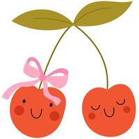 Cute cherry character with pink bow. Perfect for whimsical and playful designs. Childish style vector