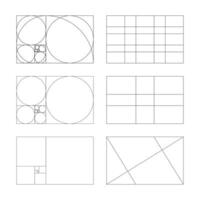 Golden ratio mockup. Method golden section frames. Fibonacci array, numbers. Set of harmony proportions layouts. Outline graphic illustration. vector