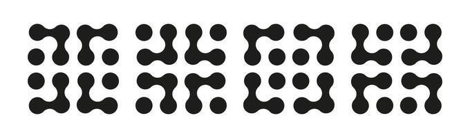 Metaball icons set. Connected dots graphic signs. Circles simple patterns. Integration abstract modern symbols. Point movement layout. Connected blobs mockup. Metaballs transition. Flat logotypes. vector