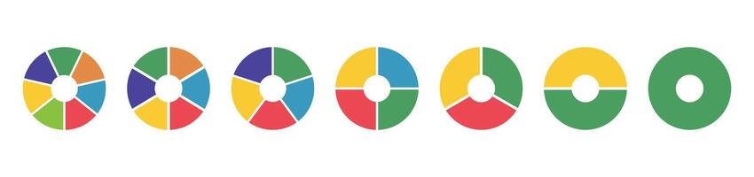 Donut charts, pies segmented on from 1 to 7 equal parts. Diagrams infographic multicoloured. Circle section graph. Wheels divided in sections. Pie, pizza chart round icons layout. Loading bar mockup. vector