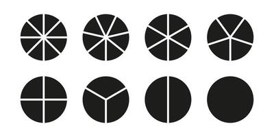 Circle division on 1, 2, 3, 4, 5, 6, 7, 8 equal parts. Set of infographic minimalist icons. Coaching blank mockup. Pie, pizza chart layout. Wheel round divided diagrams from one to eight segments. vector
