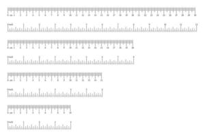 Measuring charts layout. Scale, ruler with markup and numbers, with 4, 6, 8, 12 inches and 10, 15, 20, 30 centimetre. Distance, height, length measurement, sewing tool mockup. Graphic illustration. vector