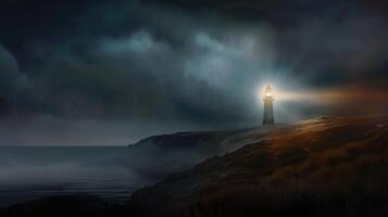 Lighthouse in the sea at night. photo