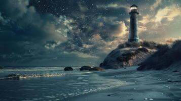 Lighthouse on the beach at night. photo