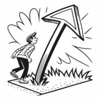Illustration of a person looking up at a large arrow pointing upwards for business use vector