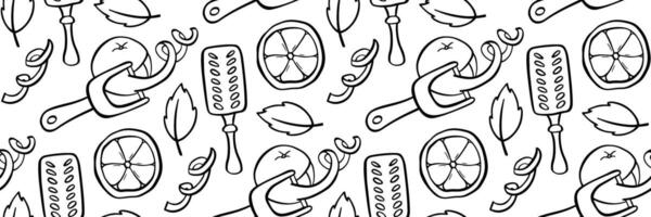 Seamless doodle pattern with hand-drawn bartender and culinary tools. lemon slices, leaves, graters, corkscrews, decorative spirals. Ideal for backgrounds and packaging. outline illustration. vector
