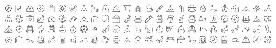 Set of Line Icons of Backpack, Road, Map Pin, Compass, Tent. Editable Stroke. Minimalistic Linear Pictogram for Design of Cards, Apps, Banners, Posts vector