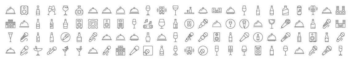 Cocktail, Bowl with Cloche, Bottle, Loud Speaker Symbols Drawn with Thin Line. Collection of Various Design Elements that Can Be Used for Apps, Articles, Web Sites, Social Media vector