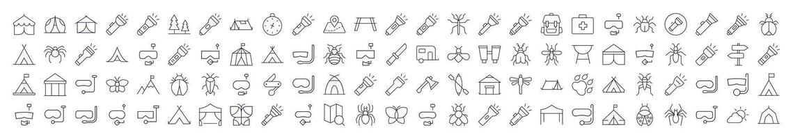 Set of Camping Related Line Icons. Editable Stroke for Design, Web Sites, Apps, Cards. Contains Linear Images of Flashlight, Diving Mask, Tent, Axe, Insect vector