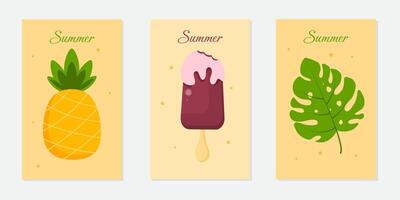 Set of summer posters from simple elements. Pineapple, monstera, chocolate ice cream. vector