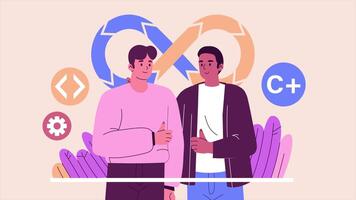 development Language concept, two friends together discuss the development language - 2d animation. video