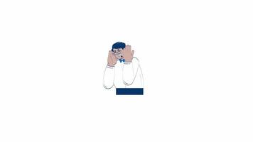 Embarrassed professional arab man covering face with hands 2D character doodle animation. Emotional reaction cartoon 4K drawing. Anxious businessman animated person on white background video