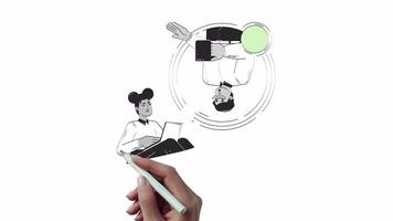 Remote teamwork between two diverse teleworkers hand drawn whiteboard sketch animation. Digital collaboration 4K . Telecommuters working together animated handdrawn concept pencil drawing video